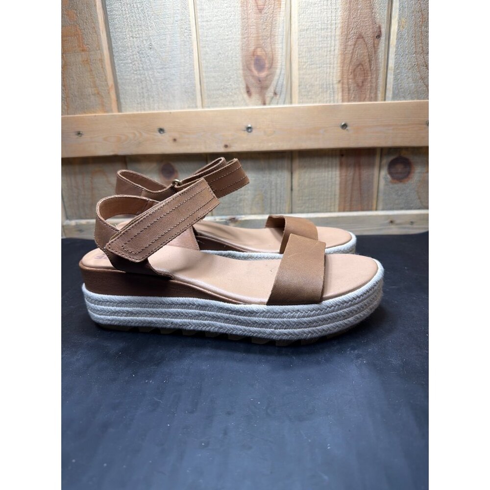 Sorel Cameron Flatform Sandals Tan Brown Leather Womens Size 9.5 Wedge Sole
